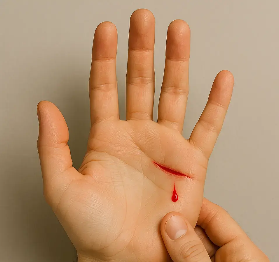kleine Schnittverletzung Eine Handfläche mit einer kleinen Schnittverletzung und einem Blutstropfen.