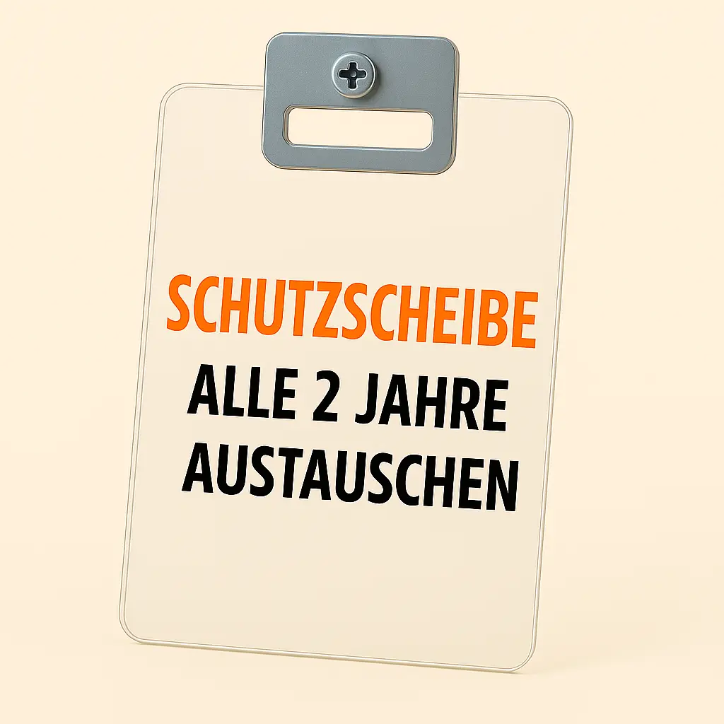 Schutzscheibe Transparente Schutzscheibe mit dem Text 'Schutzscheibe alle 2 Jahre austauschen' in orange und schwarz.