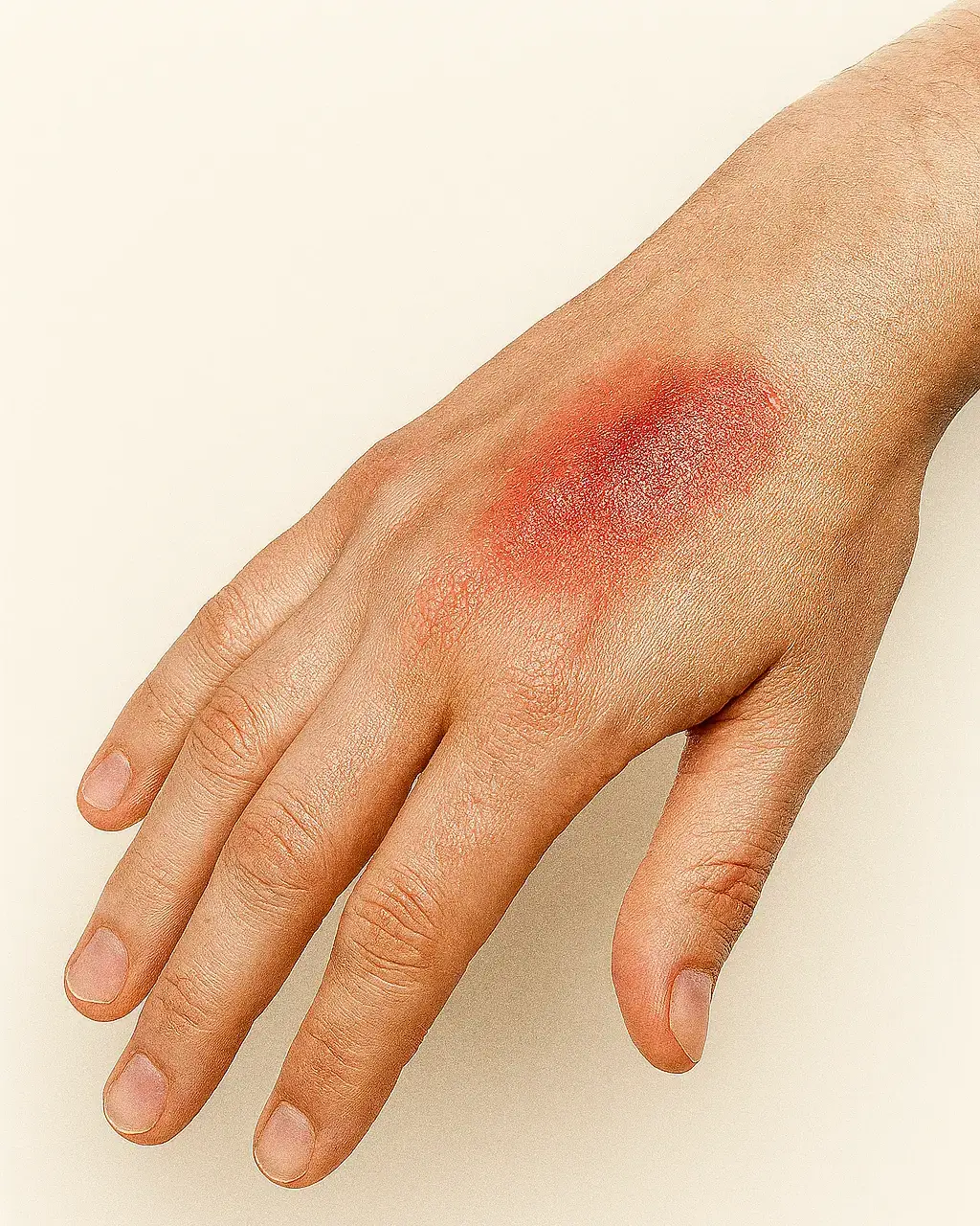 oberflächliche Verbrennung Eine Hand mit einer oberflächlichen Verbrennung auf dem Handrücken, die Rötungen und Hautschäden zeigt.