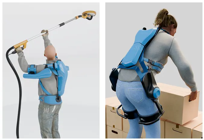 Zwei Exoskelette in Anwendung: eines beim Arbeiten mit einem Hochdruckreiniger und das andere beim Heben von Kisten.