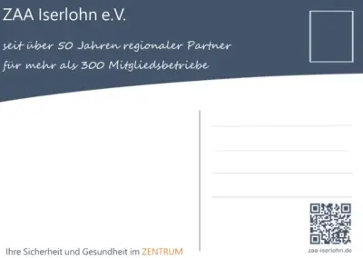 Rückseite einer Postkarte mit dem Logo von ZAA Iserlohn e.V. und einem QR-Code. Text über regionale Partnerschaften und Mitgliedsbetriebe.