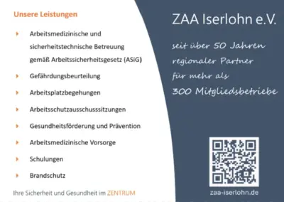 Liste der Dienstleistungen von ZAA Iserlohn e.V. im Bereich Arbeitsmedizin und Arbeitssicherheit, einschließlich Gefährdungsbeurteilung und Schulungen.