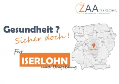 Grafik mit dem Text 'Gesundheit? Sicher doch!' und einer Karte von Iserlohn, die den Standort markiert.