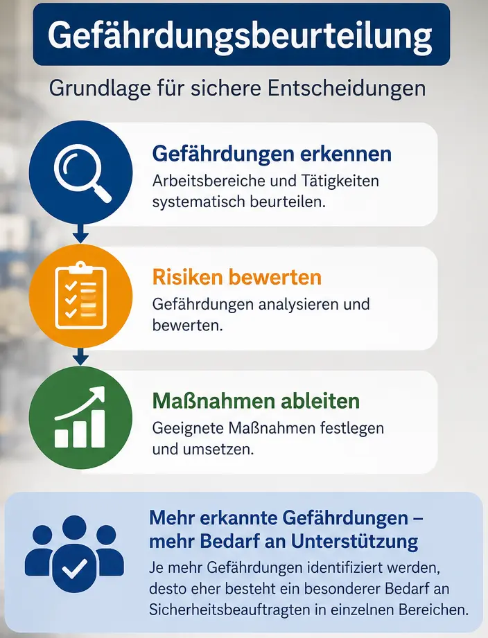 Infografik zur Gefährdungsbeurteilung: Gefährdungen erkennen, Risiken bewerten und Maßnahmen im Arbeitsschutz festlegen.