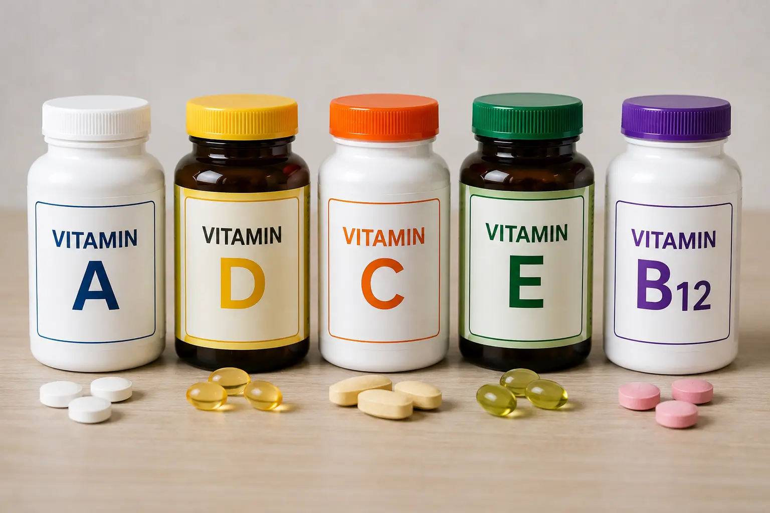 Fünf Vitaminfläschchen mit den Vitaminen A, D, C, E und B12 sowie Tabletten und Kapseln auf einem Holztisch